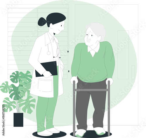 A healthcare professional assisting an elderly person with a walker in a clinical environment viewed from the side.