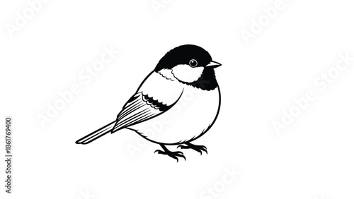 Simple black and white line art illustration of a small chickadee bird perched and looking to the side for nature themes.