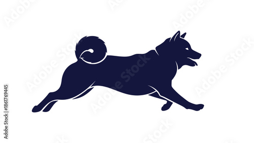 Elegant dark blue silhouette of a running dog with its tail curled up isolated on a plain white background for logo design.