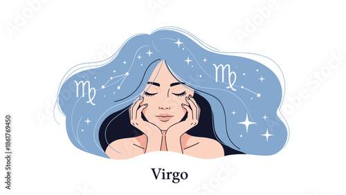 Beautiful Virgo zodiac sign illustration featuring a woman with flowing blue hair adorned with stars and constellations.