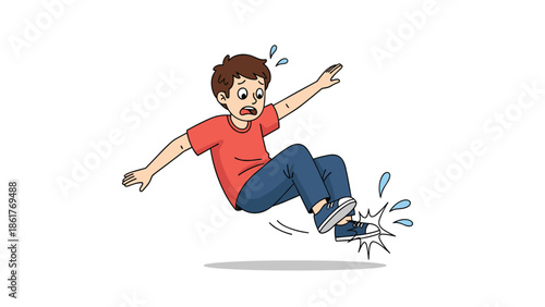 Cartoon illustration of a young boy in a red shirt slipping on a wet surface and falling backwards with water splashes.
