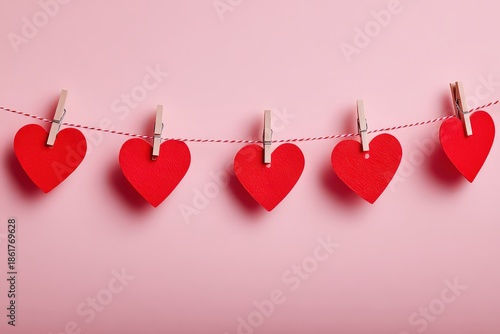 Red Glitter Heart Cutouts Hanging on String Against Pink Background Valentine's Day Festive Decoration Still Life Romantic Love Concept