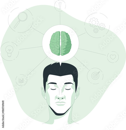 A serene man meditating with a brain illustration above his head, surrounded by icons representing various aspects of life and technology