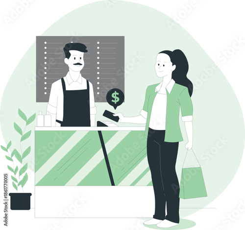 Woman making a payment to a shopkeeper at a counter with a card machine and shopping bag in hand