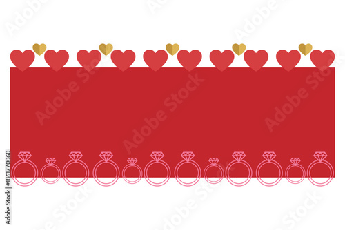 Elegant red banner with heart and diamond ring decorations for valentines day or wedding celebration theme design.