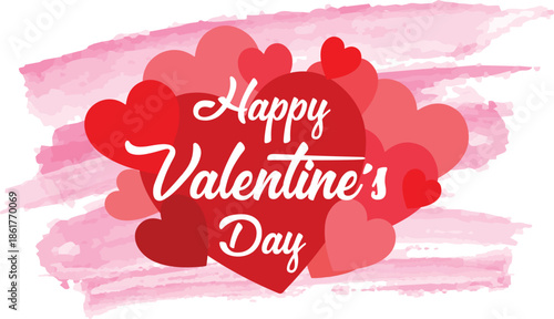 Happy Valentine's Day greeting card with red hearts and a pink watercolor background for a romantic celebration.