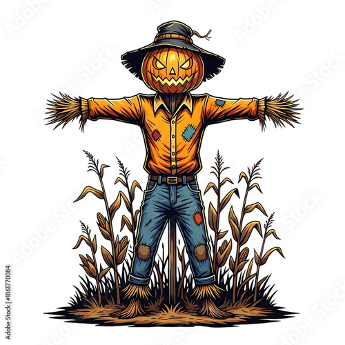 Spooky scarecrow with pumpkin head in cornfield at night isolated on transparent background PNG