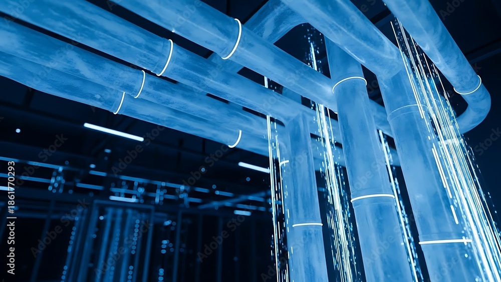 Obraz premium Blue Futuristic Pipes with Flowing Light Streams industrial