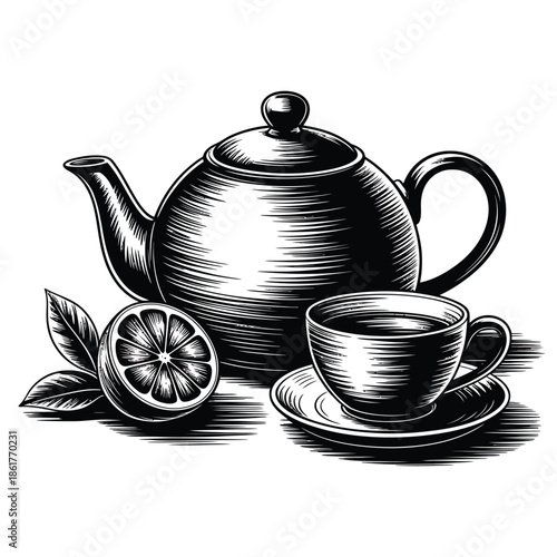 Vintage teapot with lemon slice teacup and saucer in black and white