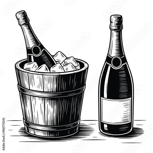 Vintage illustration of champagne bottles with ice in a wooden bucket