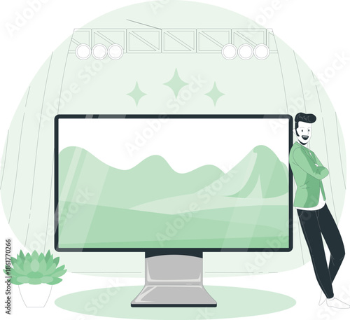 A person standing beside a large computer monitor displaying a landscape image