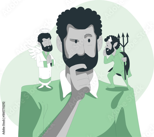 Man contemplating moral dilemma between good and evil influences