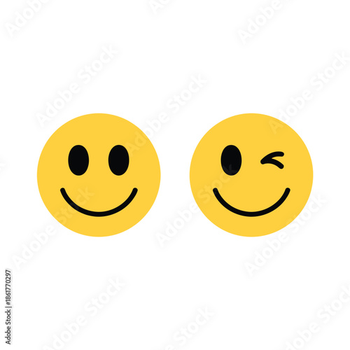 Two yellow smiley faces one winking displaying positive emotions