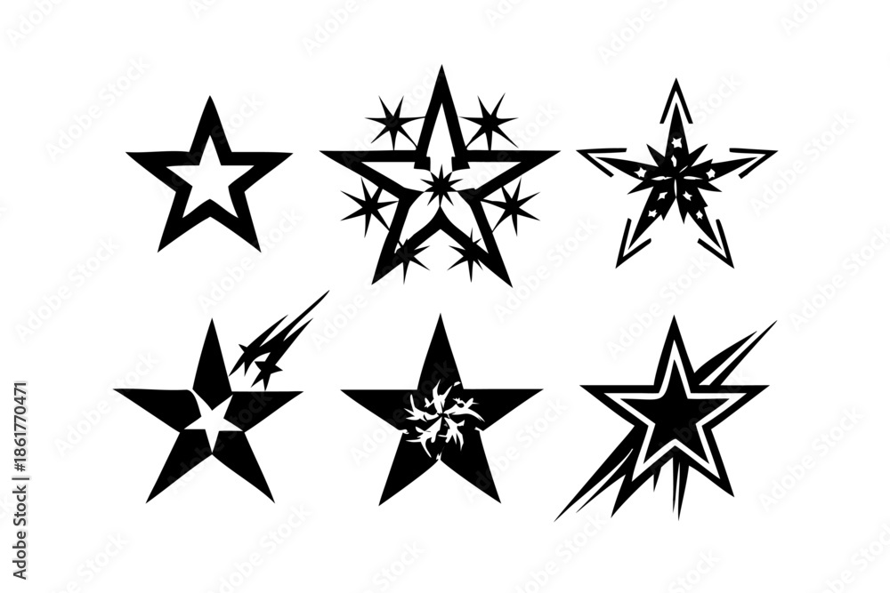Obraz premium Collection of edgy decorative stars in Y2K and tribal tattoo style, black silhouette vector set.