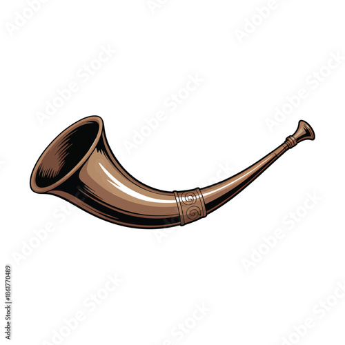A vintage brass hunting horn elegantly curved isolated on a white background