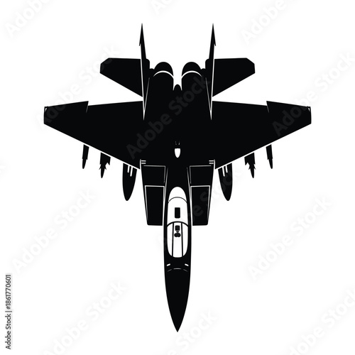 A sleek black silhouette of a fighter jet viewed from directly above