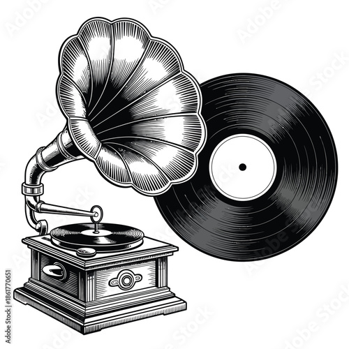 Vintage gramophone and vinyl record illustration a nostalgic listening experience