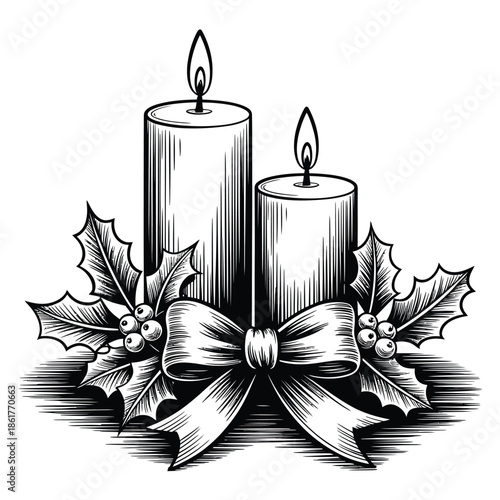 Two burning candles adorned with holly and a festive ribbon bow