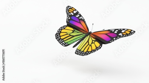 Colorful Rainbow Butterfly Illustration with Floating Wings and Subtle Shadow on White Background