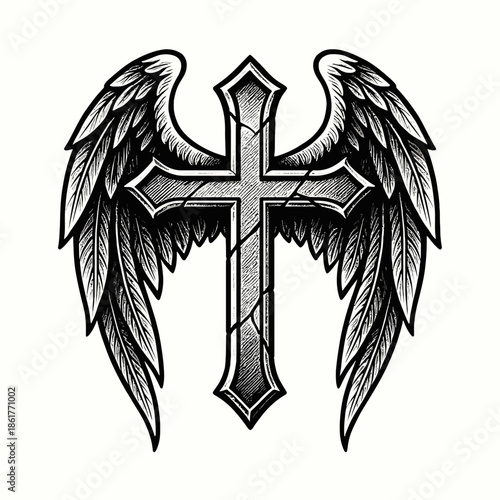 Ornate Christian cross with angel wings, illustrated in detailed black-and-white engraving style to symbolize faith, protection, and divine strength.