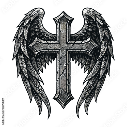 Ornate Christian cross with angel wings, illustrated in detailed black-and-white engraving style to symbolize faith, protection, and divine strength.