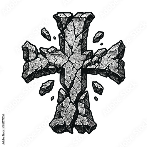 Rugged cracked stone Christian cross in bold black-and-white grunge style, symbolizing faith, endurance, sacrifice, and spiritual strength through adversity.
