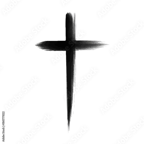 Minimal black brushstroke Christian cross on a white background, expressing faith, sacrifice, and spirituality through a raw, modern grunge aesthetic.