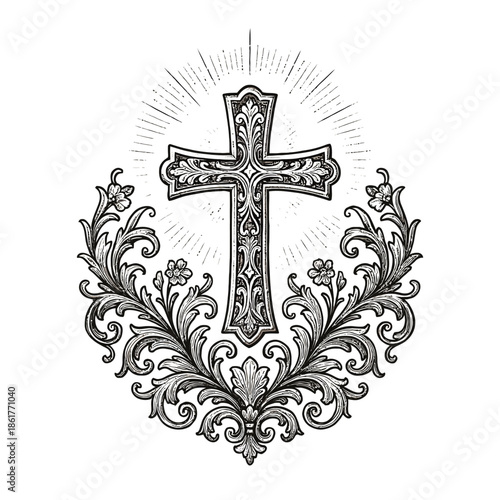 Ornate vintage Christian cross with floral baroque ornamentation and radiant halo, rendered in detailed black-and-white engraved line art for religious design, tattoo art, and spiritual illustrations.