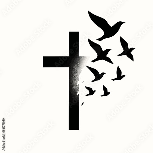 Minimalist Christian cross transforming into flying birds, symbolizing faith, freedom, hope, and spiritual liberation in a powerful modern black-and-white illustration.