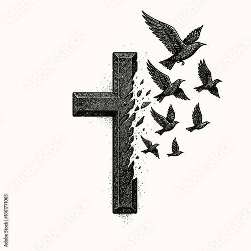 Christian cross transforming into flying birds, symbolizing faith, freedom, hope, and spiritual liberation in a powerful modern black-and-white illustration.