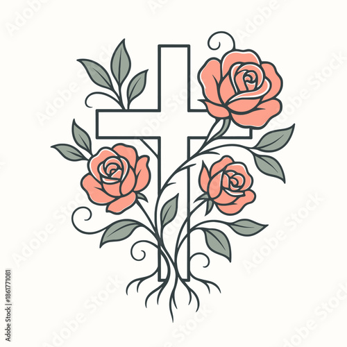 Floral Christian cross with blooming roses and roots, symbolizing faith, love, growth, and spiritual devotion in a soft modern line illustration.