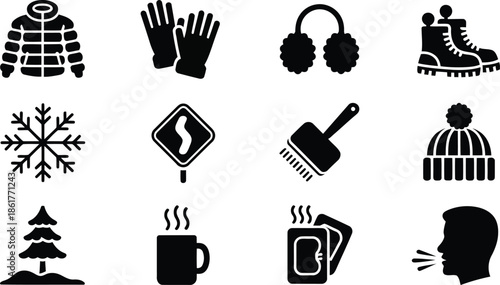 A collection of black glyph icons representing various essential items and signs for the cold winter season