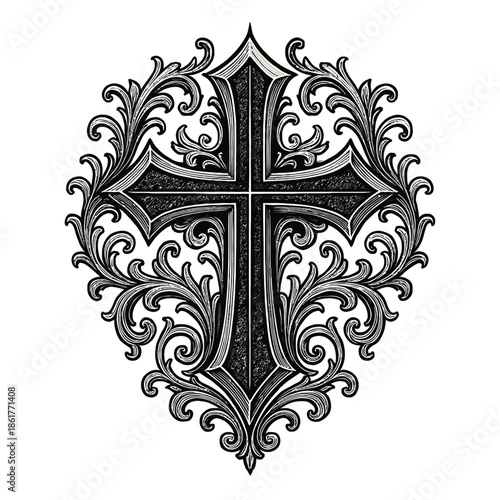 Ornate black Christian cross with intricate baroque floral scrollwork, rendered in a vintage engraving style, symbolizing faith, devotion, and sacred elegance on a clean white background.