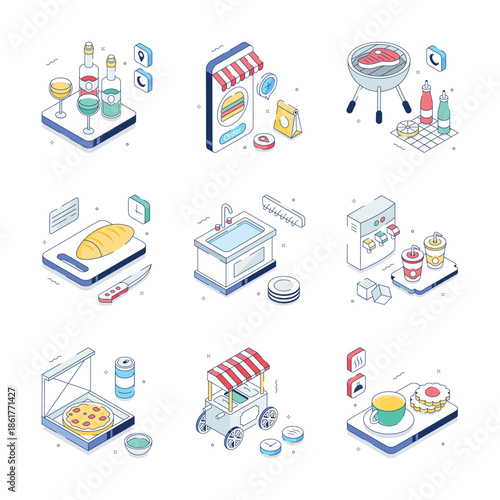 Have your hands on this amazing set of restaurant and food service isometric illustrations