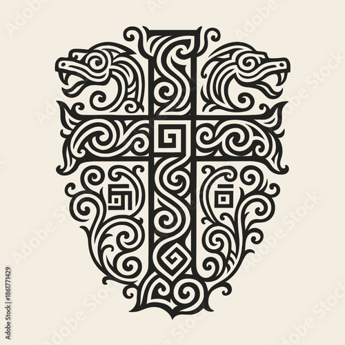 Intricate ornamental cross with tribal and Celtic-inspired scrollwork in bold black line art, symbolizing faith, spirituality, and ancient sacred symbolism on a light background.