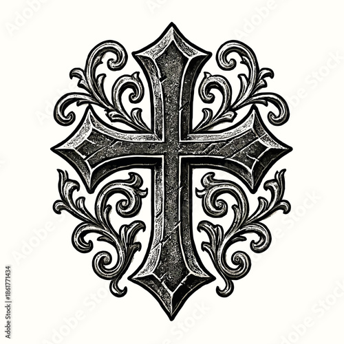 Ornate black Christian cross with intricate baroque floral scrollwork, rendered in a vintage engraving style, symbolizing faith, devotion, and sacred elegance on a clean white background.