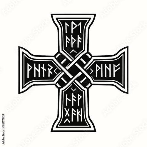 Ornate Viking rune cross illustration in bold black and stone-textured style, featuring ancient Norse runic symbols and interwoven geometry, ideal for tattoo design