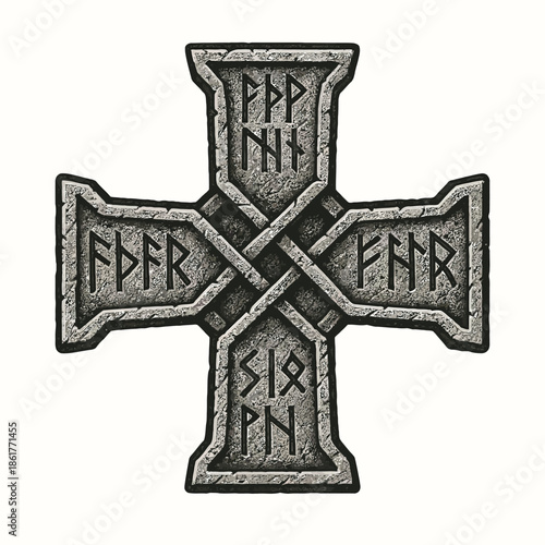 Ornate Viking rune cross illustration in bold black and stone-textured style, featuring ancient Norse runic symbols and interwoven geometry, ideal for tattoo design
