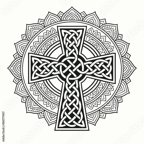 Intricate Celtic knot Christian cross mandala in black and white line art, combining sacred symbolism with ornamental geometry to represent faith, eternity, and spiritual harmony.