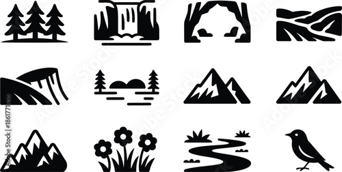A collection of black silhouette icons representing natural landscapes including trees, mountains, waterfalls, and wildlife