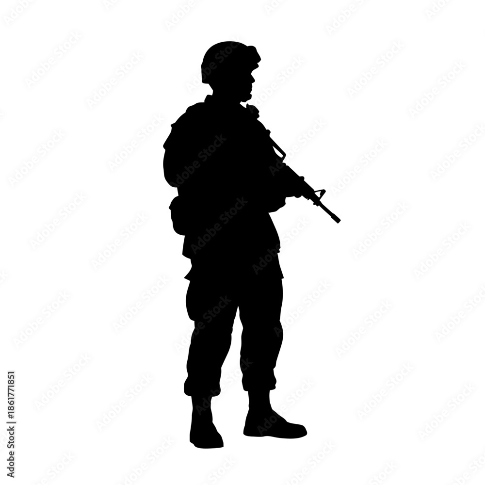 Fototapeta premium Silhouette of a soldier standing with a rifle, military, army, warrior, combat, silhouette