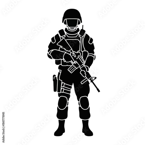 Silhouette of a Soldier in Full Tactical Gear Holding a Rifle, Military Silhouette