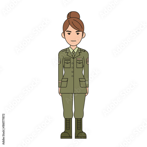 Female Soldier Character Illustration in Military Uniform, Standing Confidently