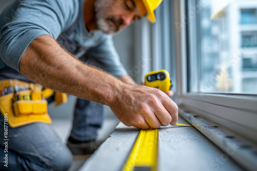 Technician Measuring Window Frame Gaps with Feeler Gauge and Thermal Camera in Minimal Room
