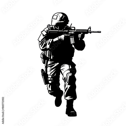 Modern Soldier Silhouette with Assault Rifle, Military Combat Graphic