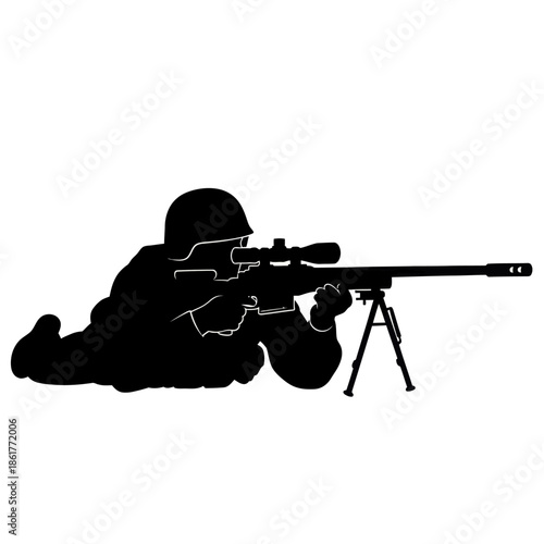 Silhouette of Soldier Aiming Sniper Rifle, Military Sniper, Combat, Warfare