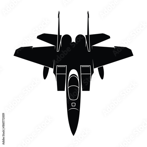 A sleek black silhouette of a fighter jet viewed from directly below
