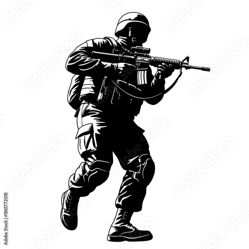 Silhouette of a soldier in tactical gear aiming an assault rifle, ready for combat.