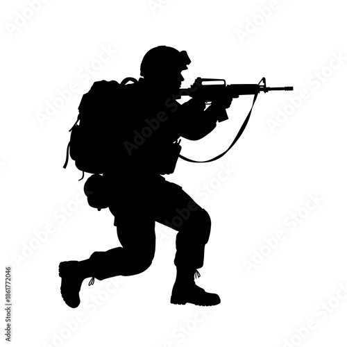 Silhouette of a Soldier in Tactical Gear Aiming a Rifle, White Background