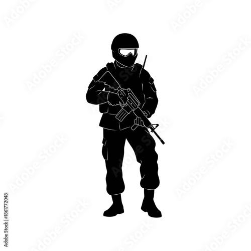Silhouette of soldier with rifle, tactical gear, helmet, and goggles on white background.